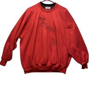 TOP STITCH Womens 2X Red Vintage Floral‎ Embroidered Crewneck Sweatshirt Cozy